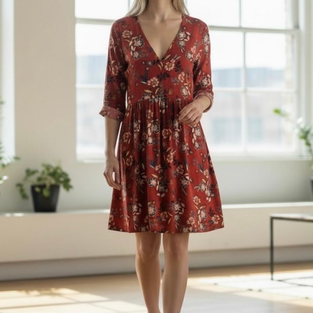 Garnet Hill Floral Fit & Flare Boho Dress Women's 8 Orange Rust 3/4 Sleeves